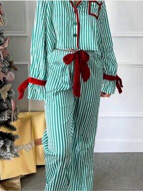 SHEIN Green and White Striped Wide Leg Pajama Set with Red Trim